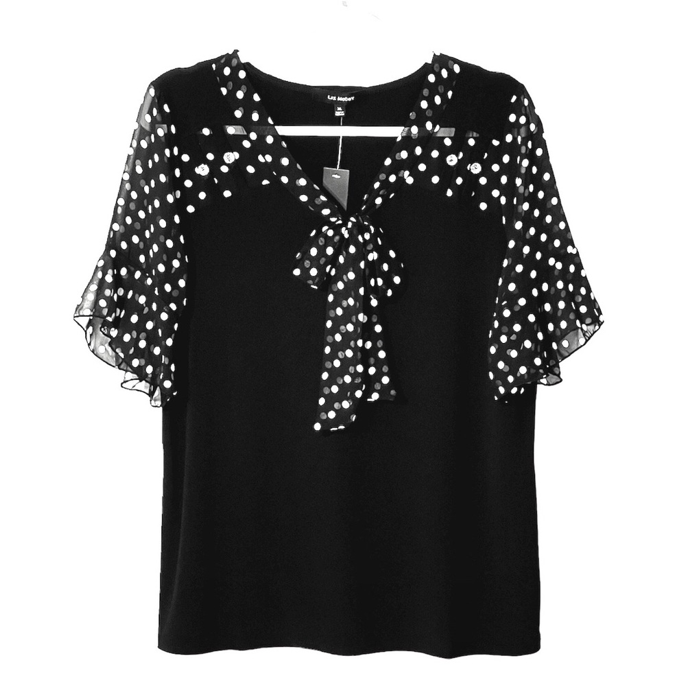LIZ McCoy Blouse Tie Collar Polka Dot Stretch Ruffle brand new with tags